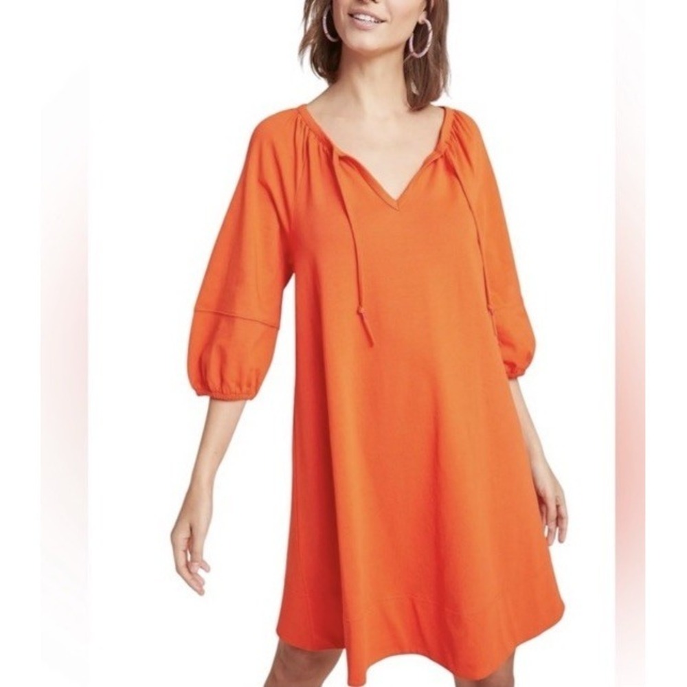 Anthropologie Anais cotton‎ tunic dress 1/2 sleeves notched neck orange SzS